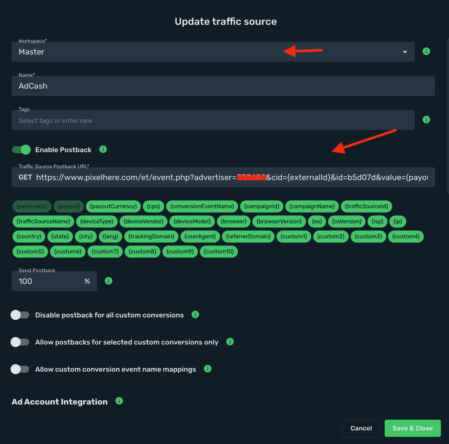 Set AdCash postback URL