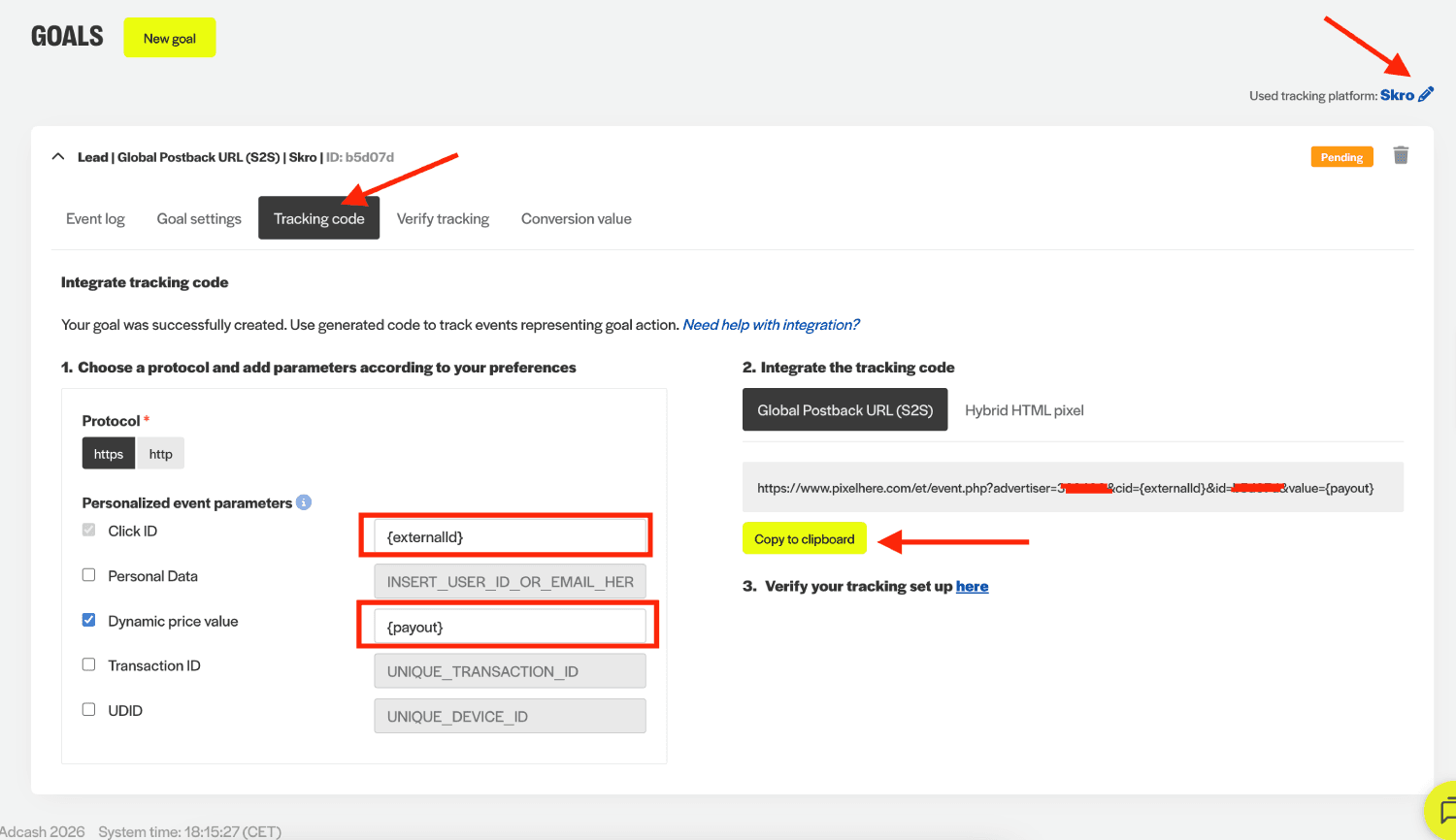 Copy AdCash Postback URL