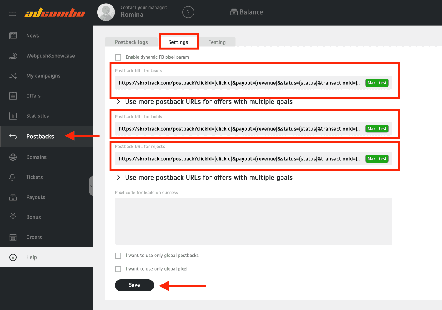 Add Adcombo postback URL 1