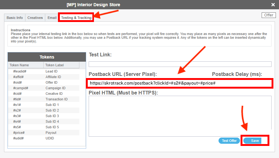 Add Advidi postback URL 2