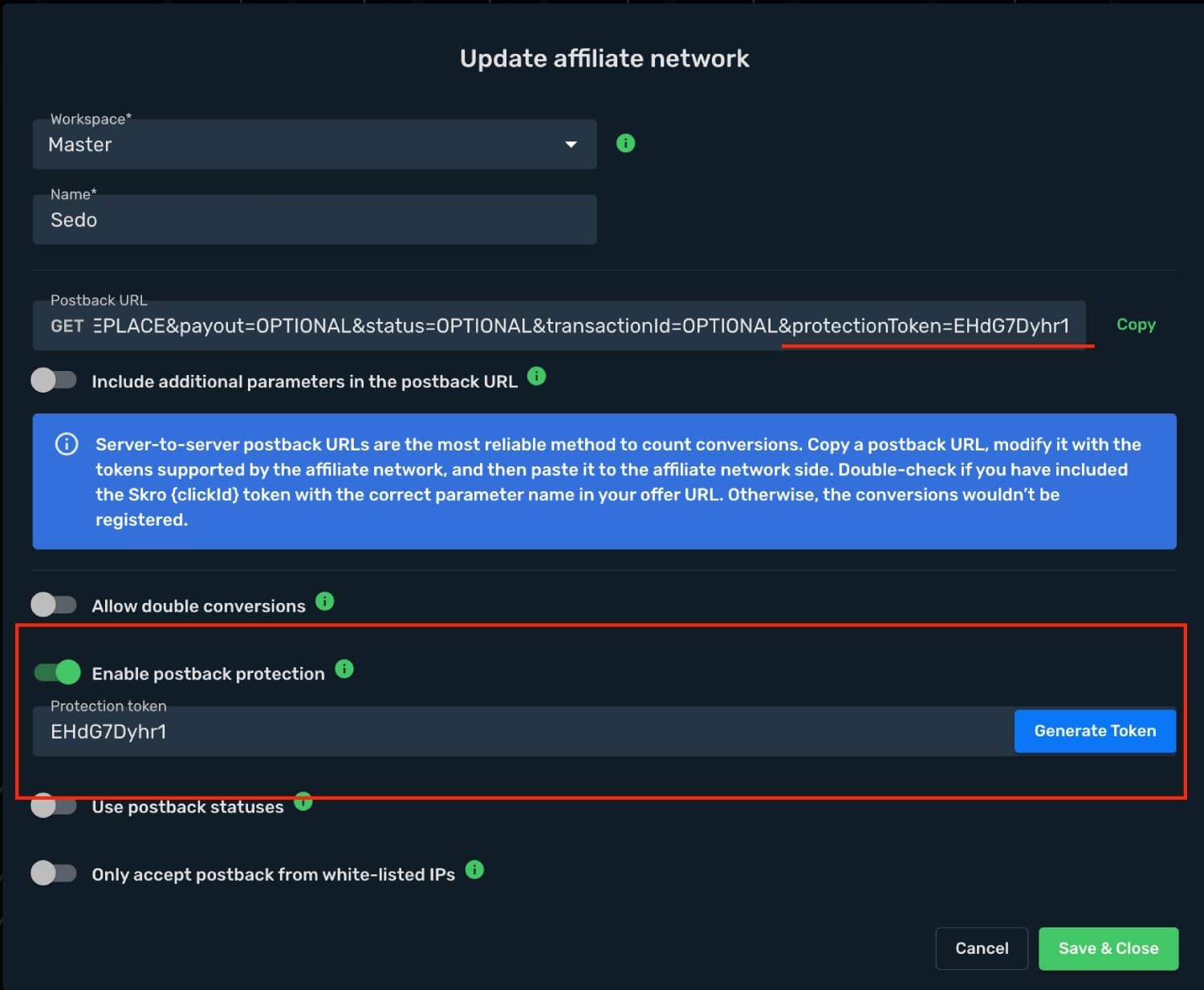 Enable postback protection for an affiliate network