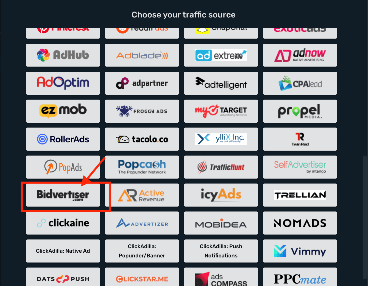 Choose BidVertiser on the list
