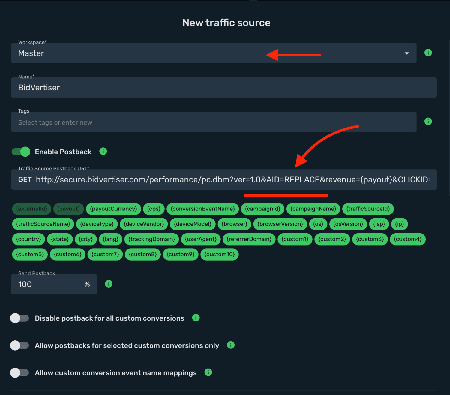 Set BidVertiser postback URL
