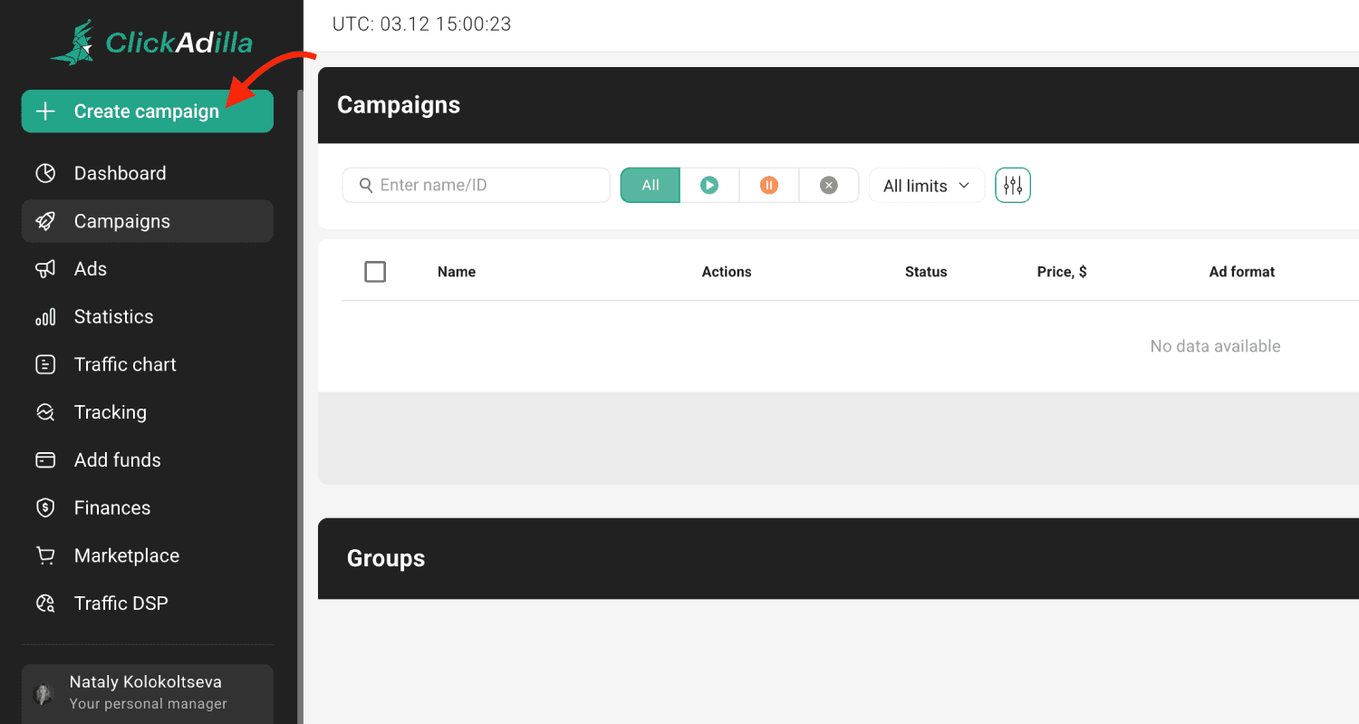 Step 2. Create a campaign on ClickAdilla.