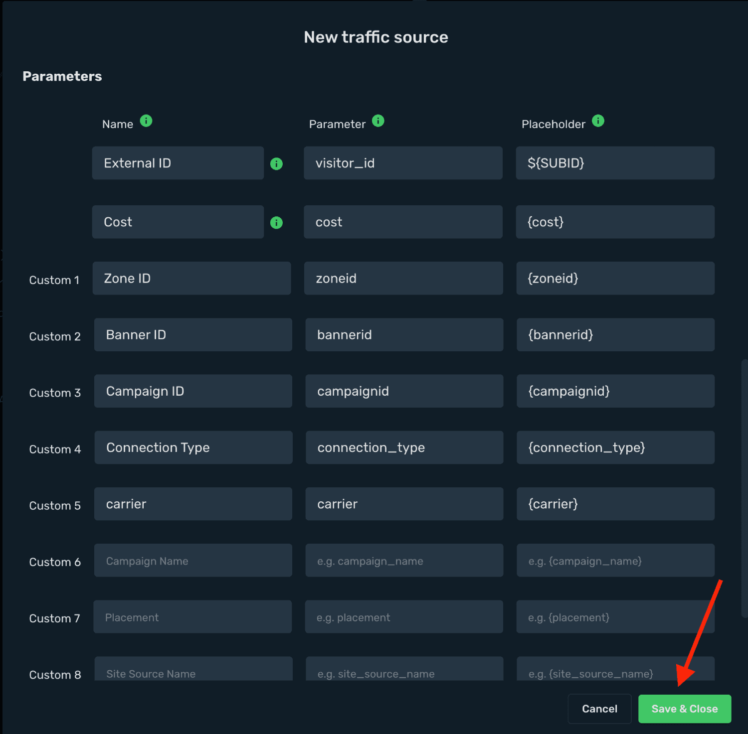 Set Clickadu tracking parameters
