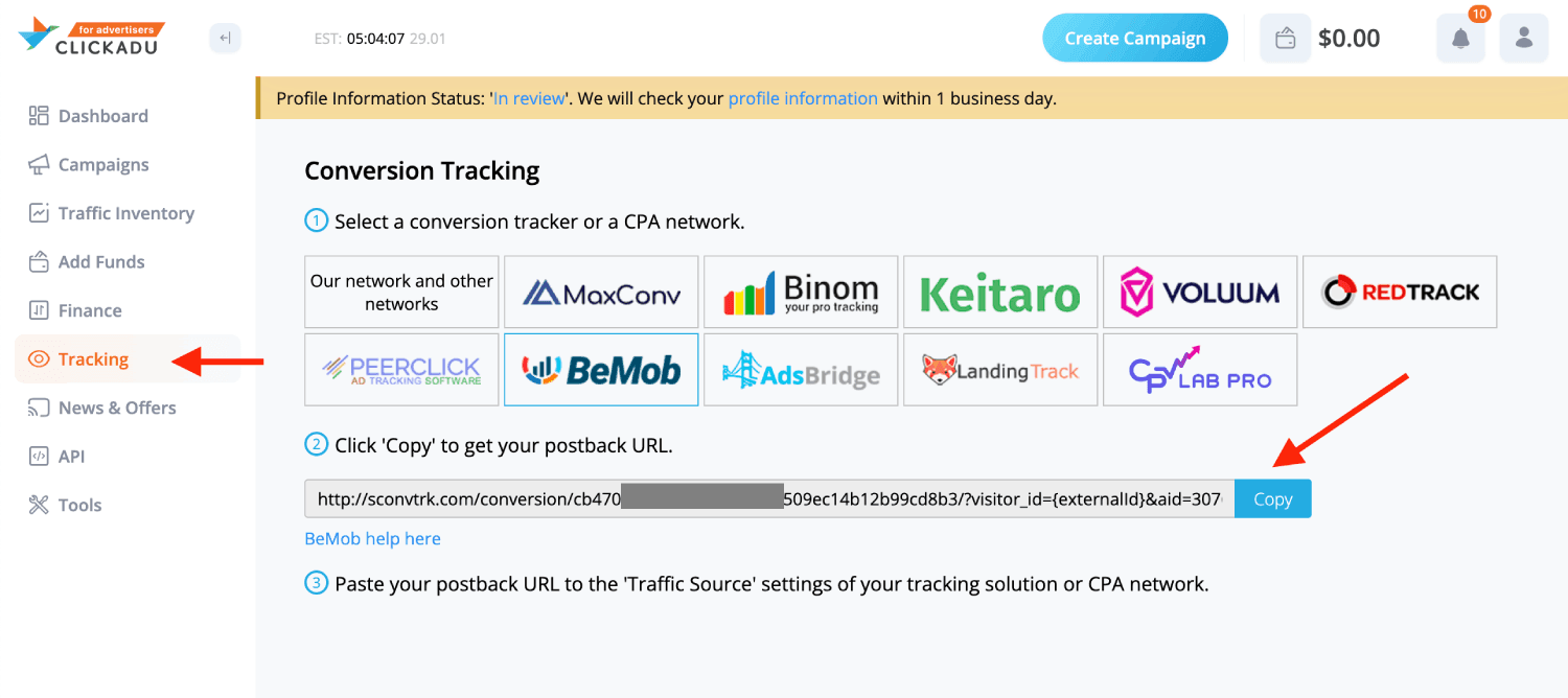 Final Clickadu postback URL