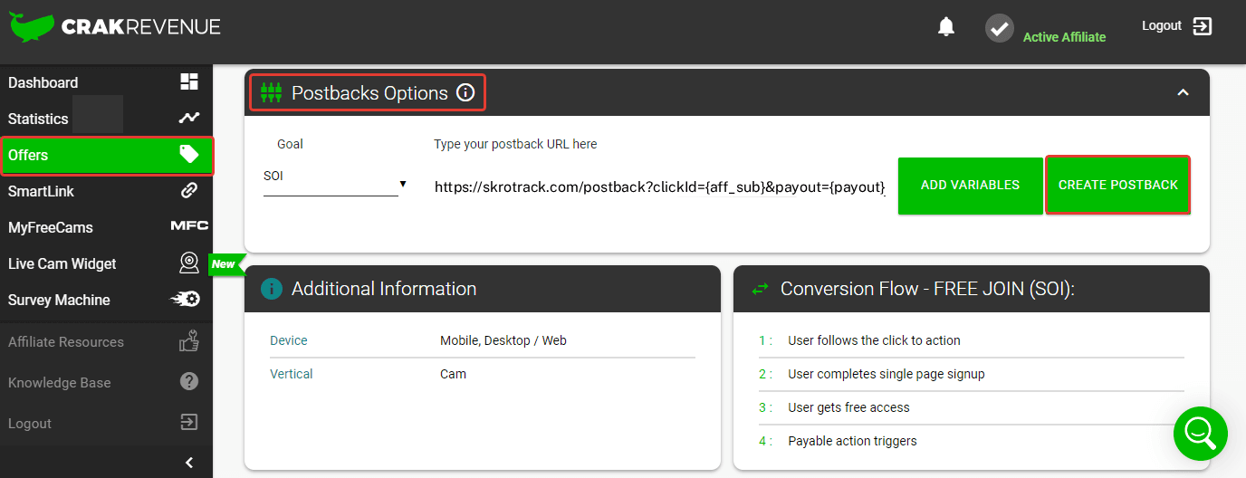 Add CrakRevenue postback URL 1