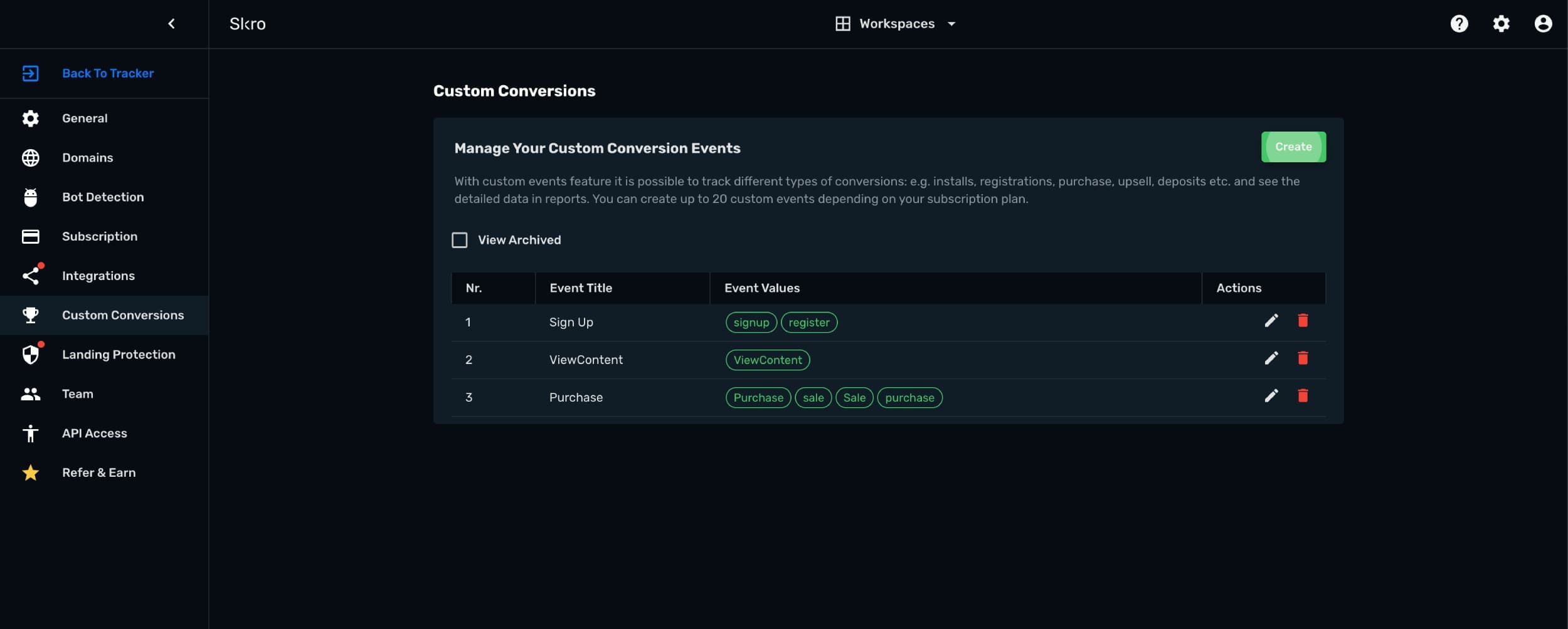 Configure custom conversion events