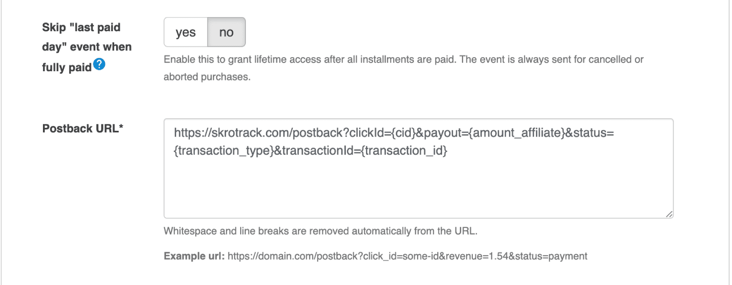 Add Digistore24 postback URL 3
