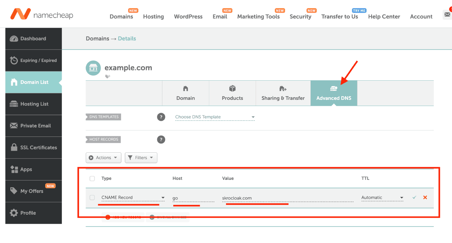 Namecheap CNAME record for a cloaking domain
