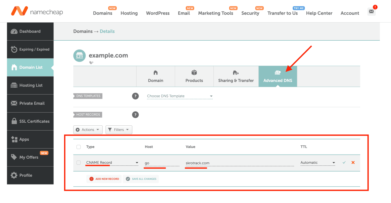 Namecheap CNAME record for a tracking domain