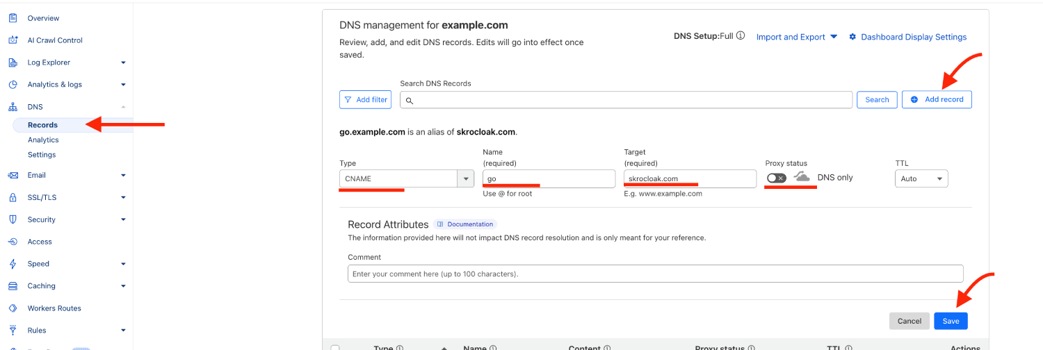 Cloudflare CNAME record for a cloaking domain