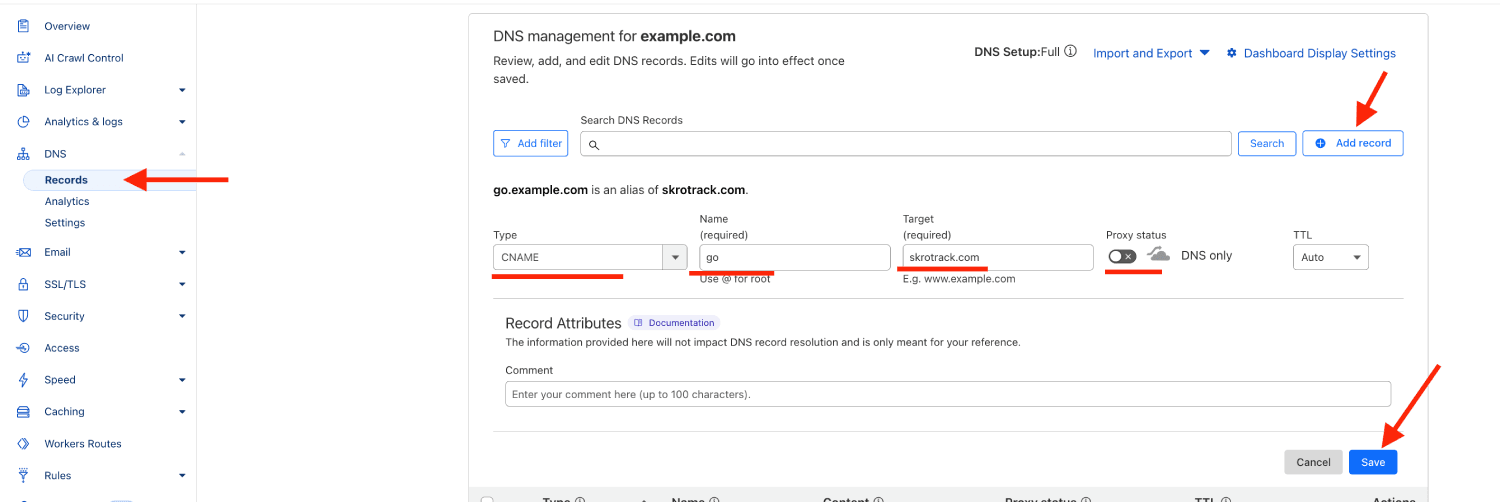 Cloudflare CNAME record for a tracking domain
