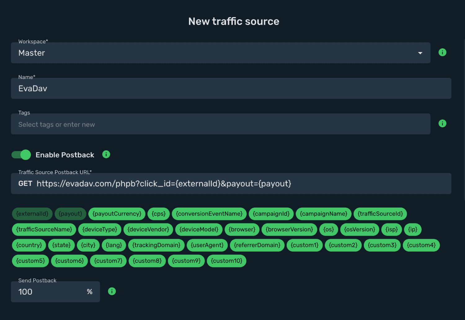 Set Evadav postback URL