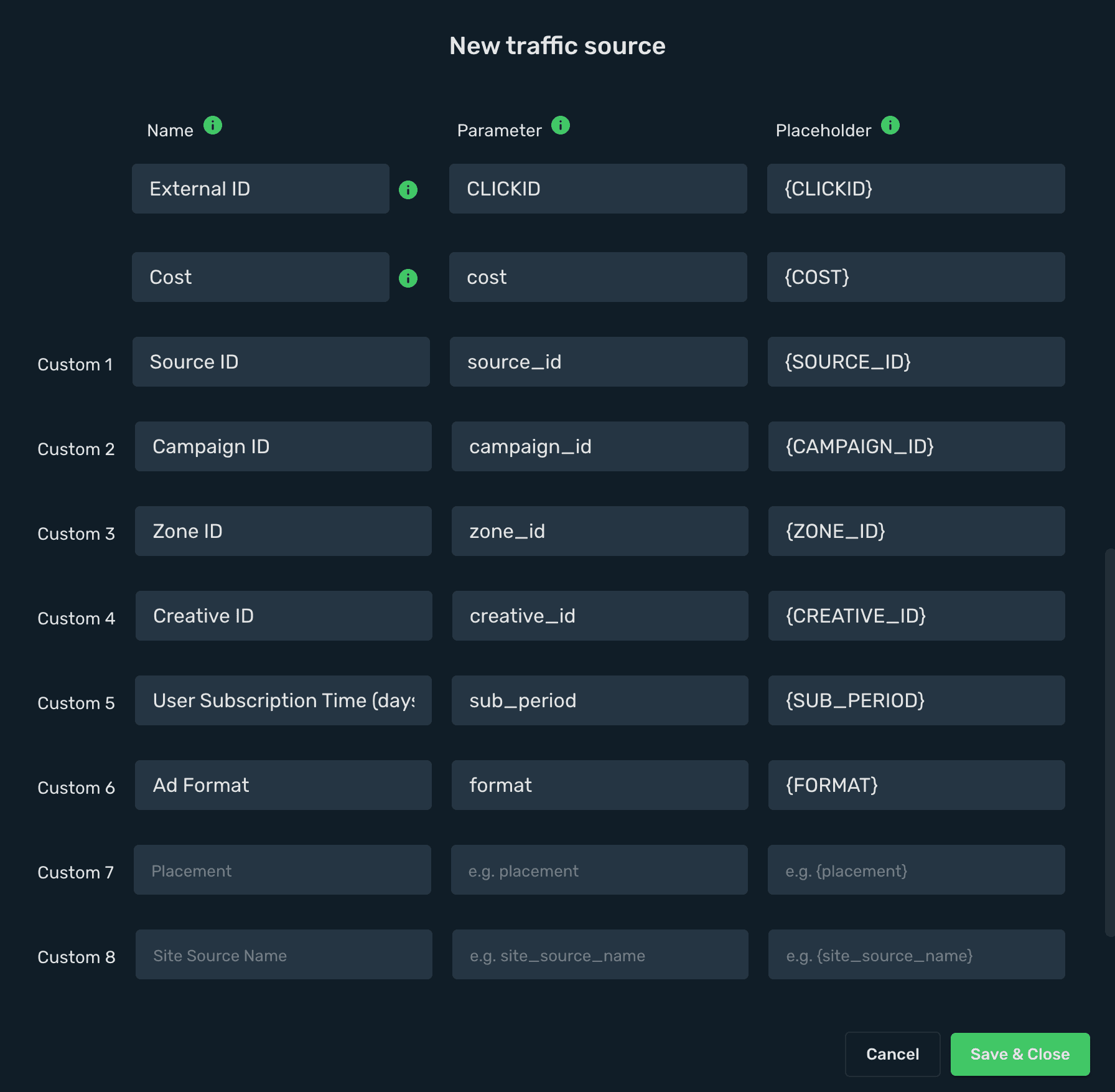 Set Evadav tracking parameters