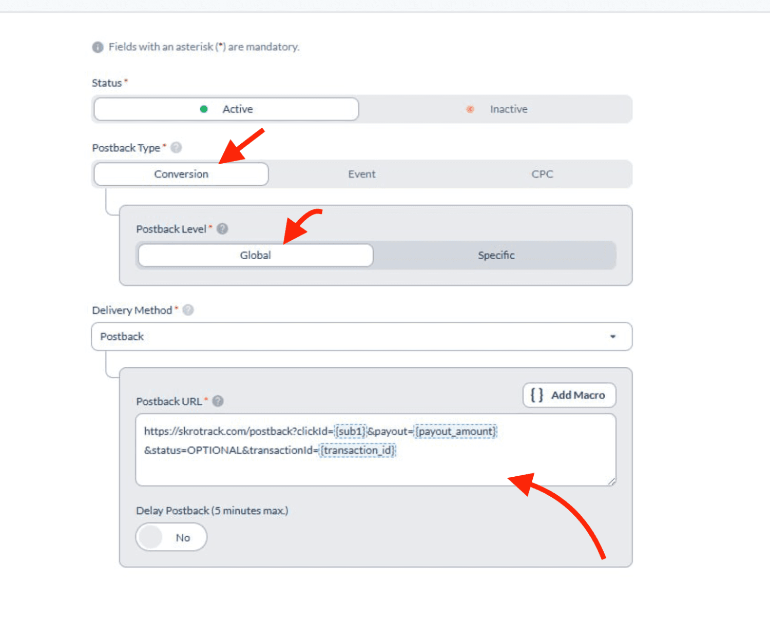 Add Everflow postback URL 3