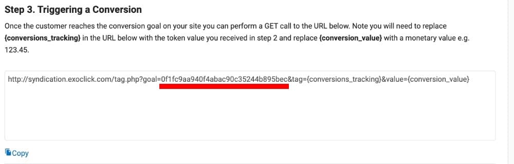 Setup ExoClick conversion tracking step 3