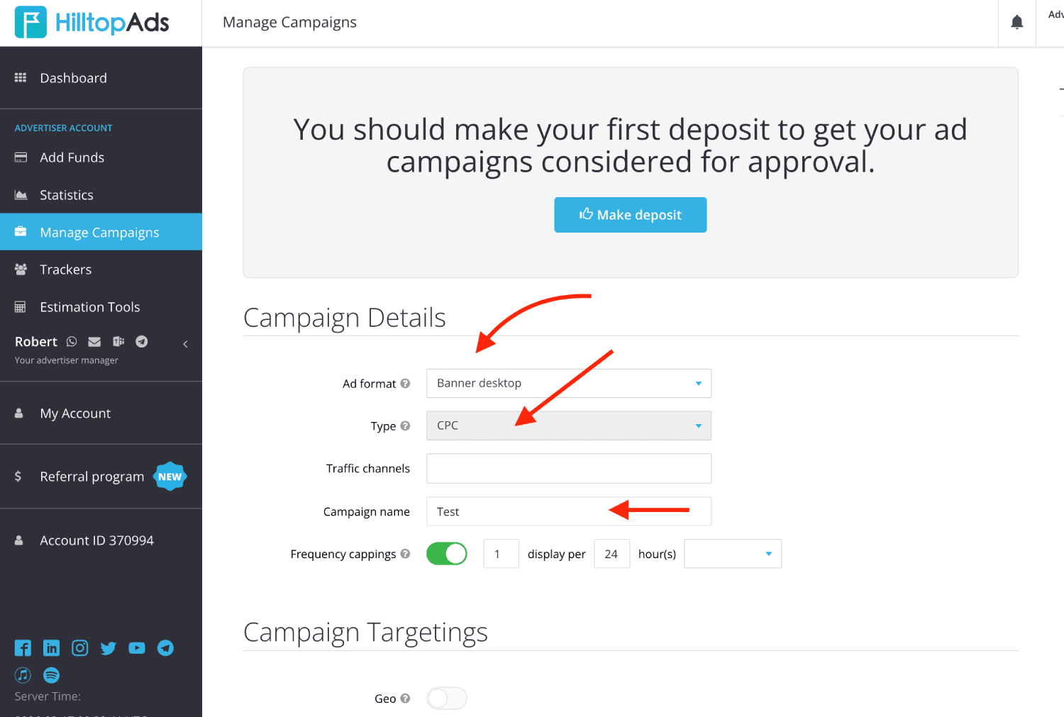 Step 3. Create a campaign in HilltopAds 2