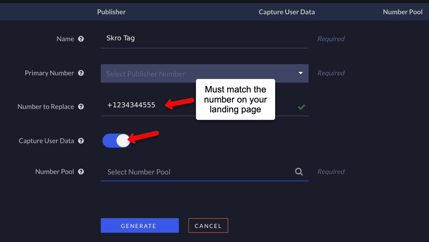 Fill call tracking tag form in Ringba