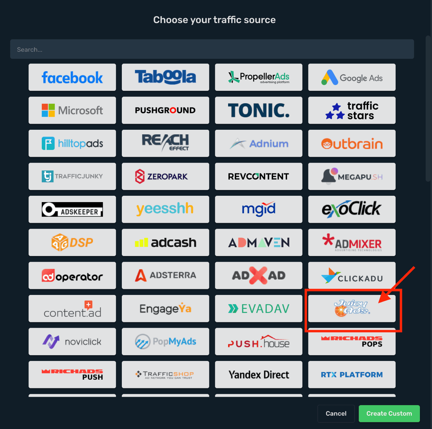 Choose JuicyAds on the list