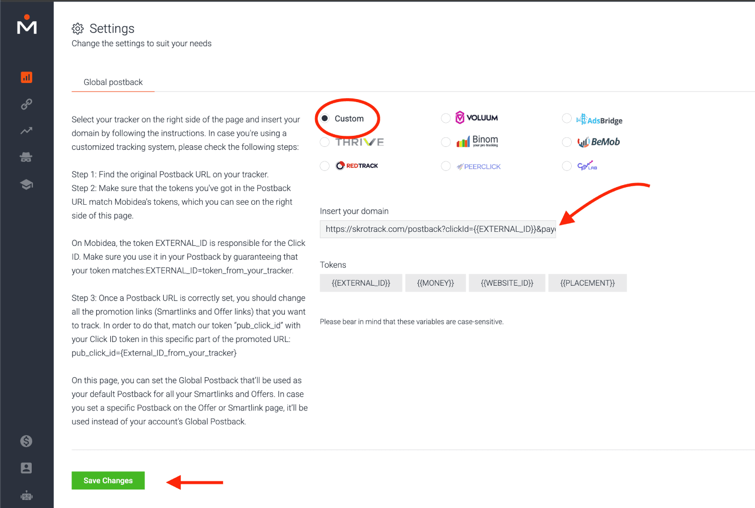 Add Mobidea postback URL 2