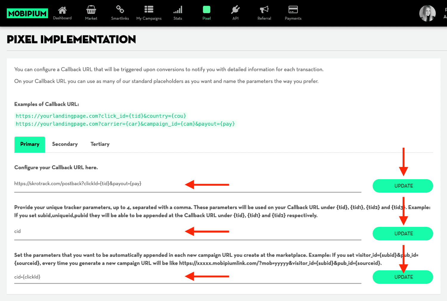 Add Mobipium postback URL 2