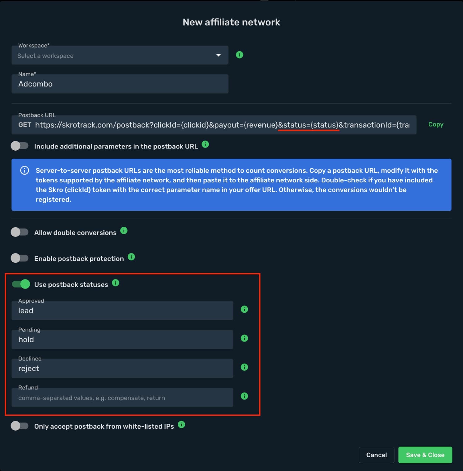 Affiliate network conversion status mappings