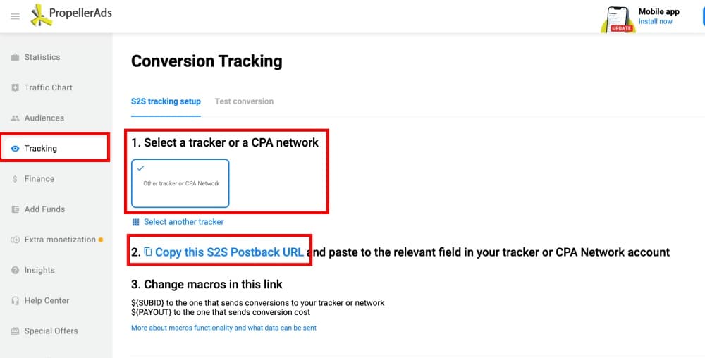 Setup PropellerAds conversion tracking step 1