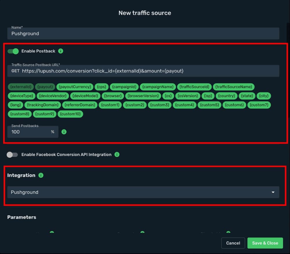 Setup Pushground traffic source step 3
