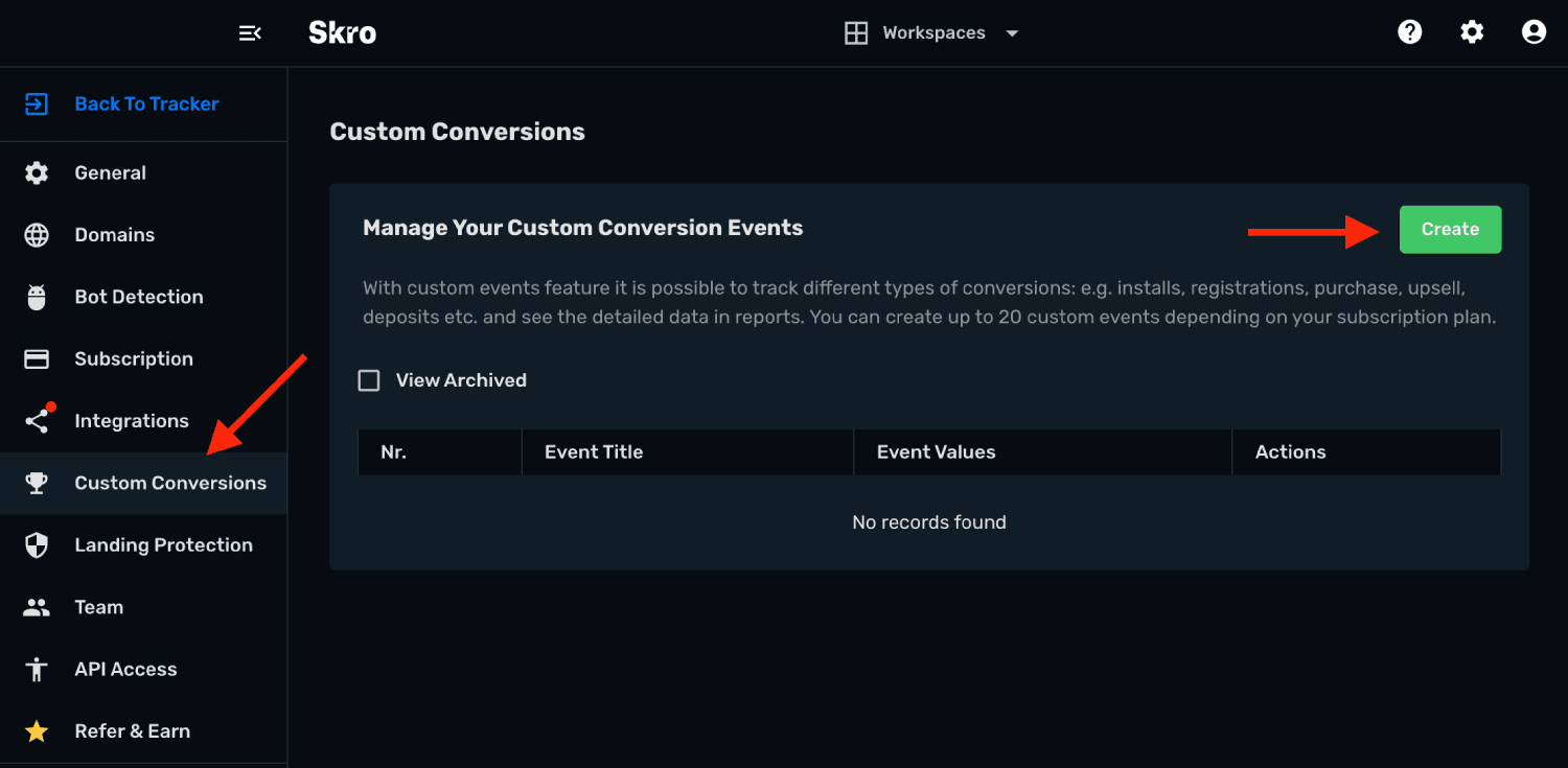 Custom Conversions view