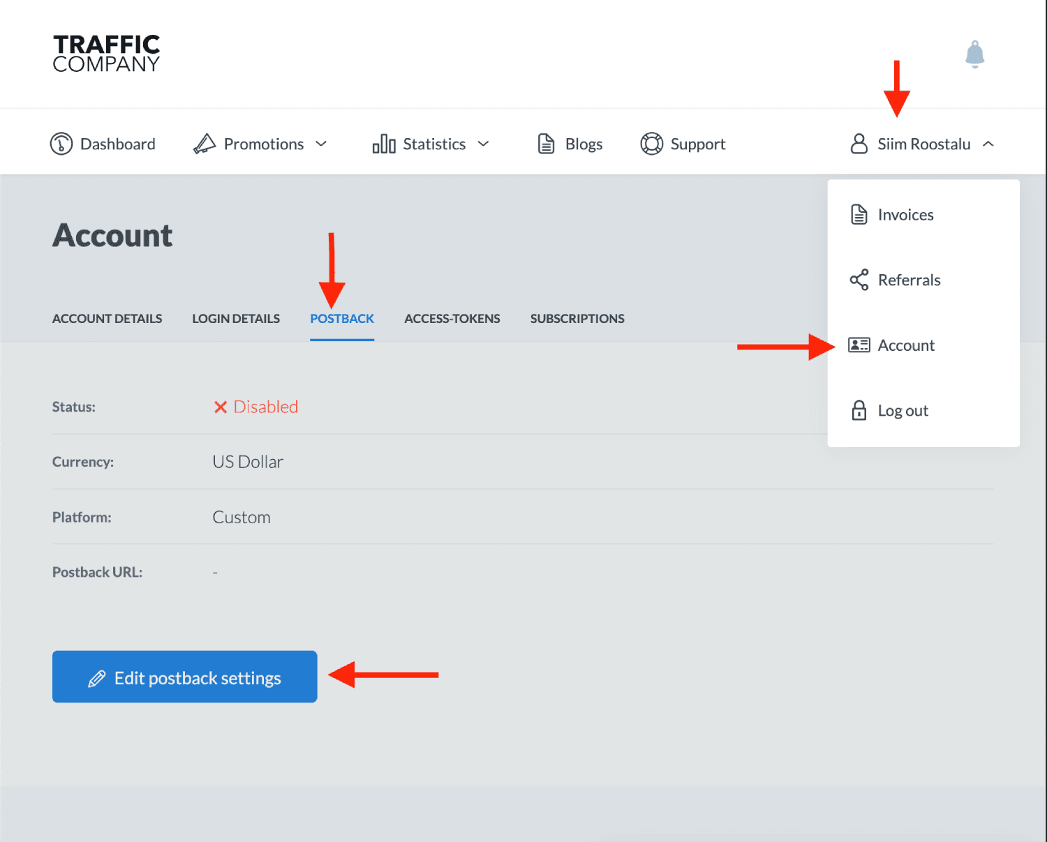 Add Traffic Company postback URL 1
