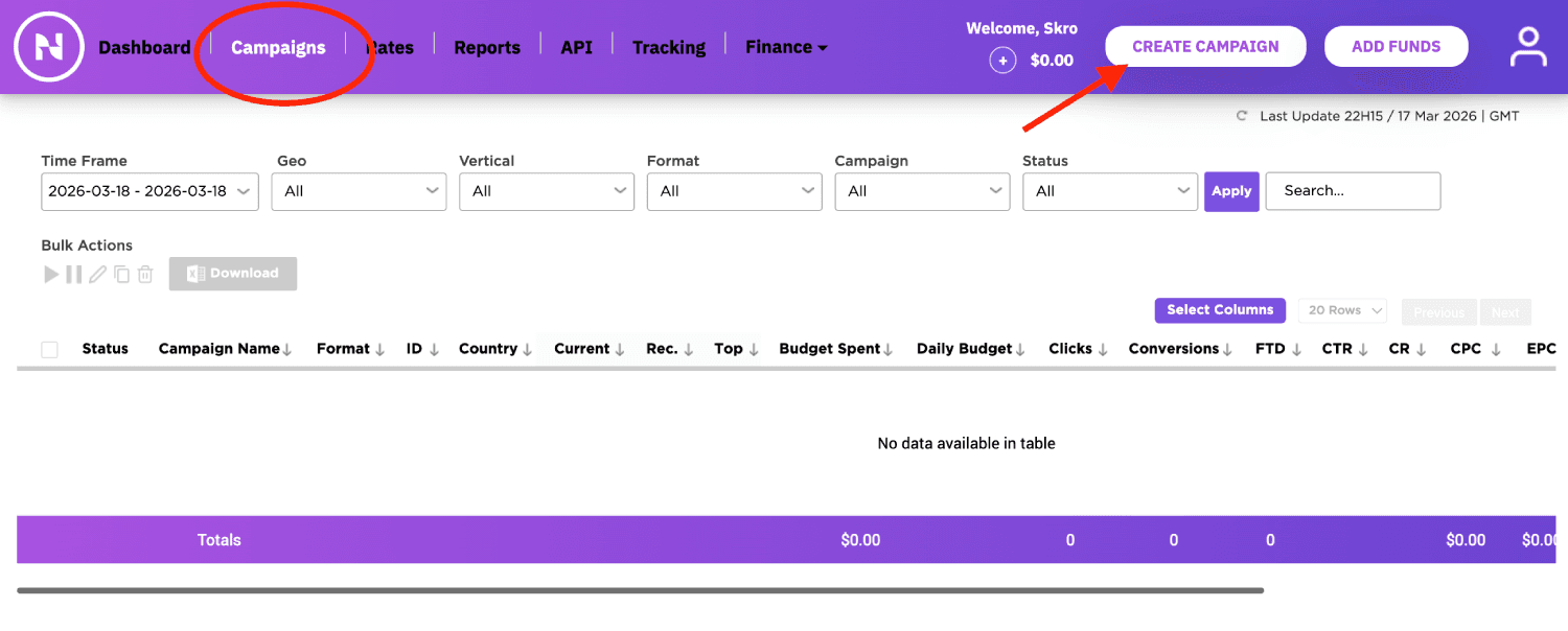 Step 3. Create a campaign in Traffic Nomads 1