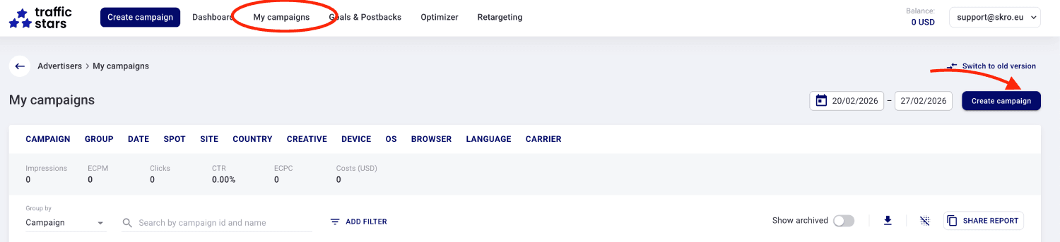 Step 1. Create a campaign on TrafficStars.