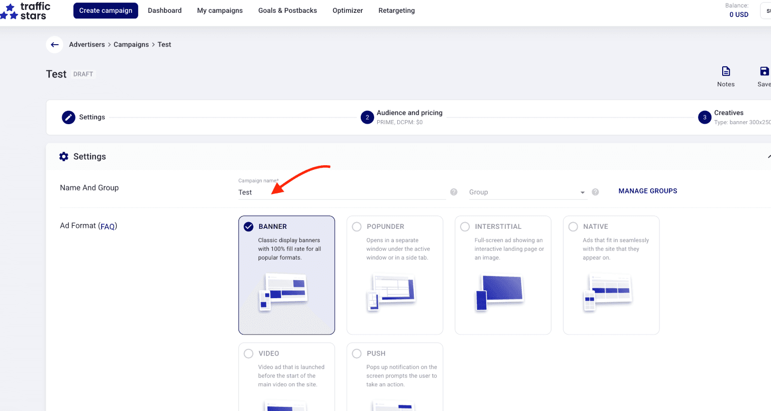 Step 2. Create a campaign on TrafficStars.
