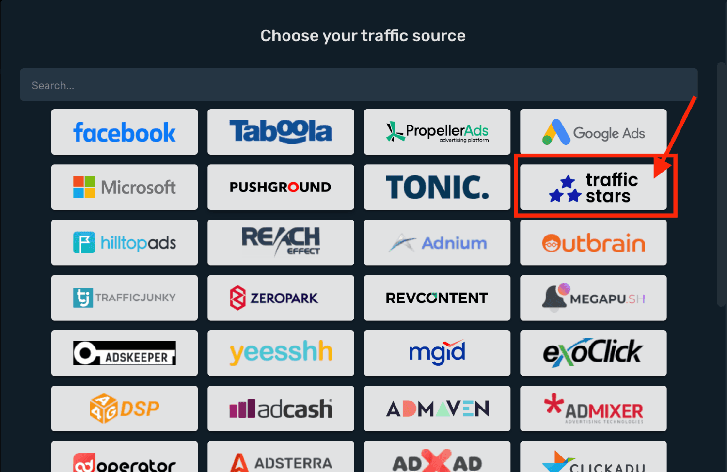 Choose TrafficStars on the list