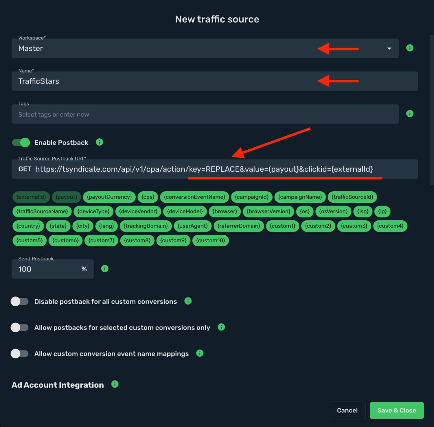 Set TrafficStars postback URL