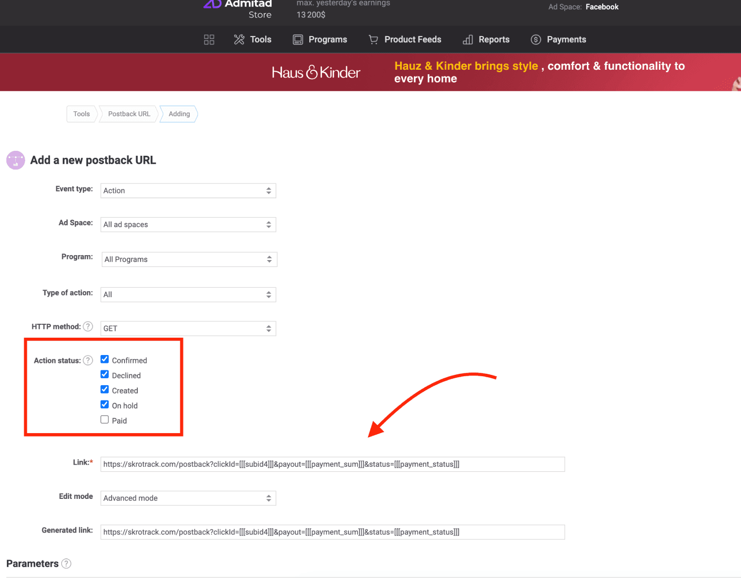 Add Admitad postback URL 3