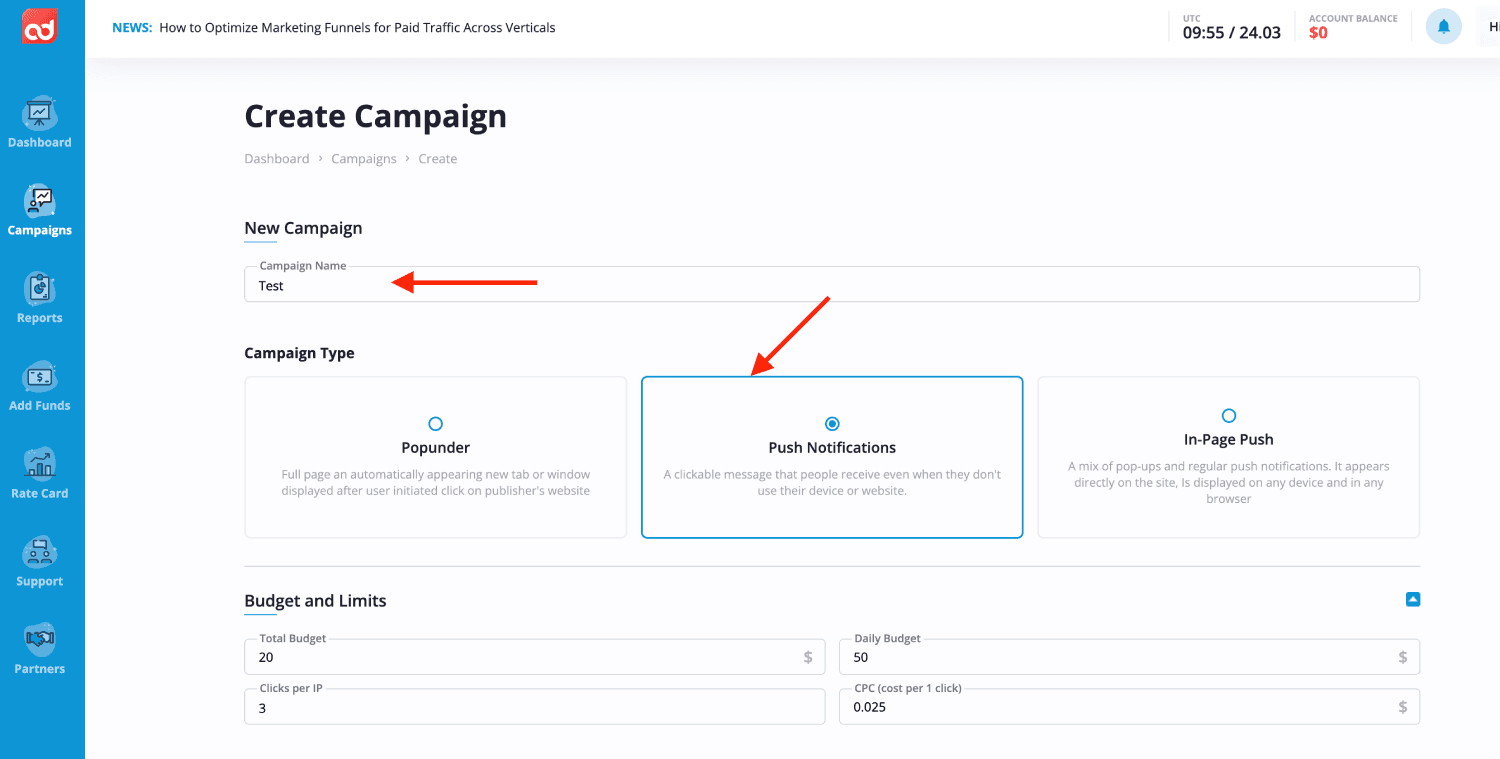Step 3. Create a campaign on AdOperator.
