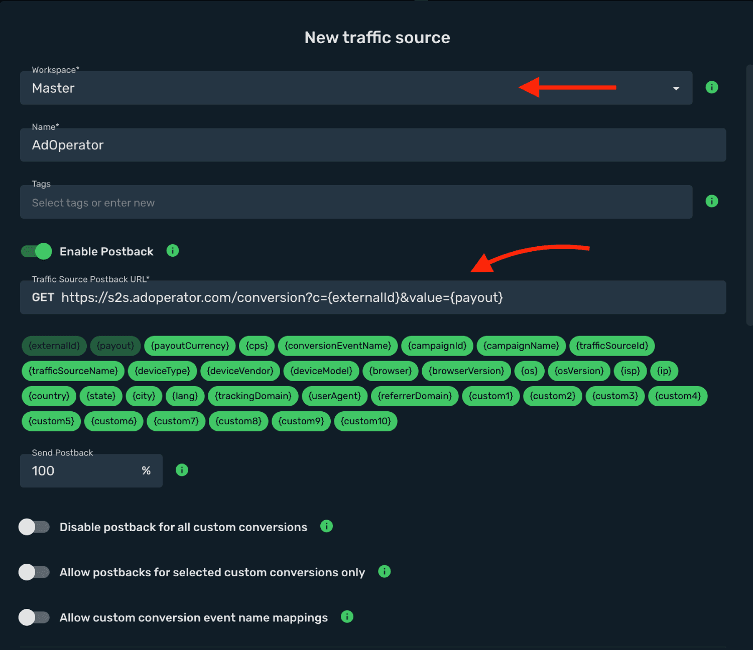 Set AdOperator postback URL