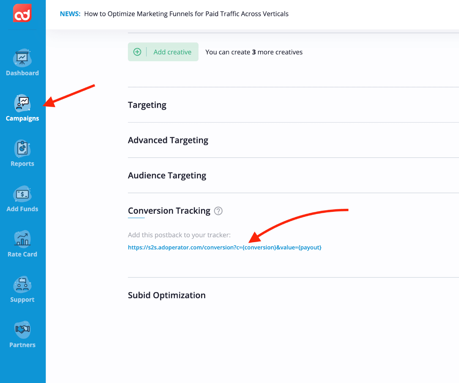 Copy AdOperator Postback URL