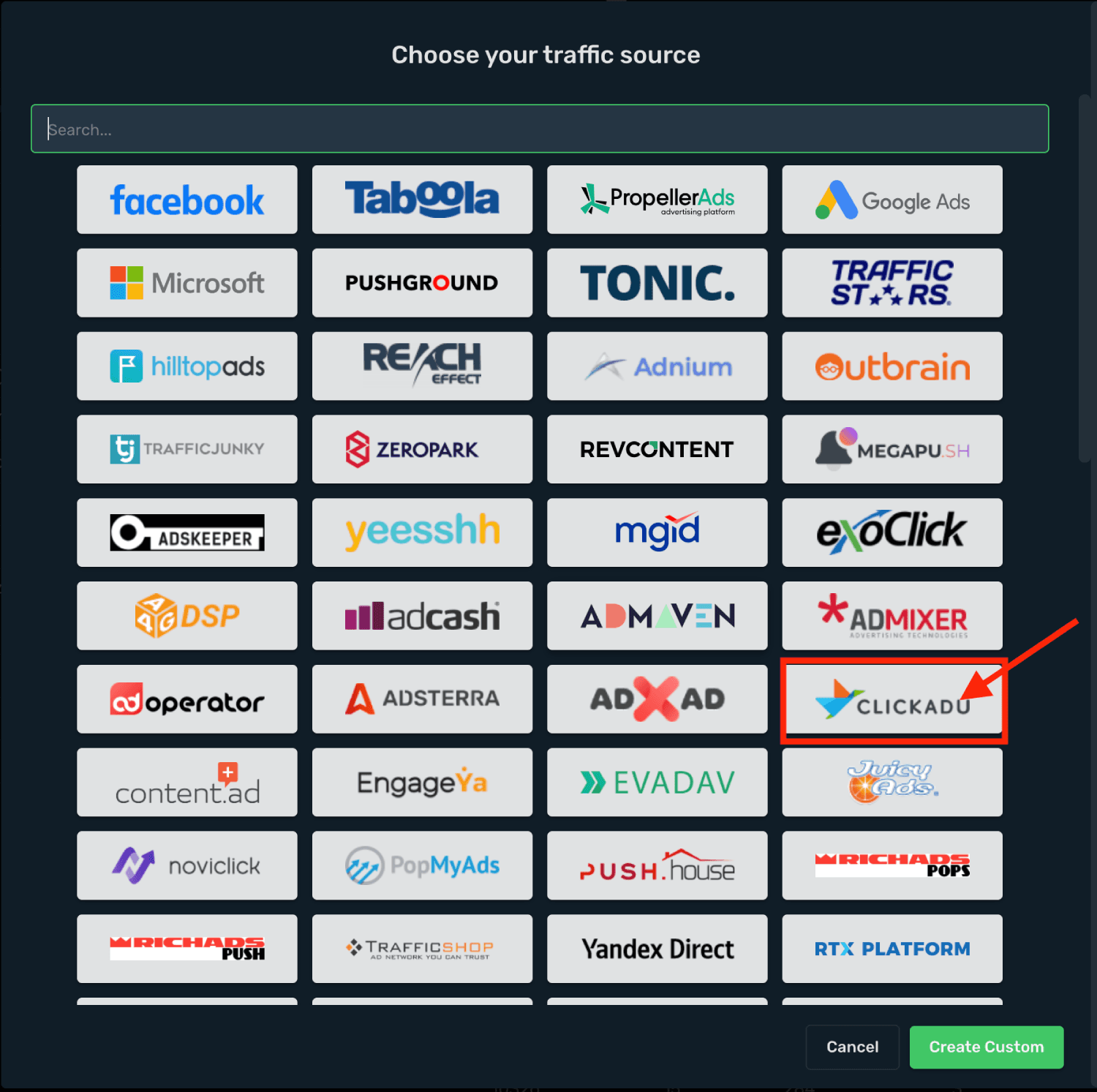 Choose Clickadu on the list