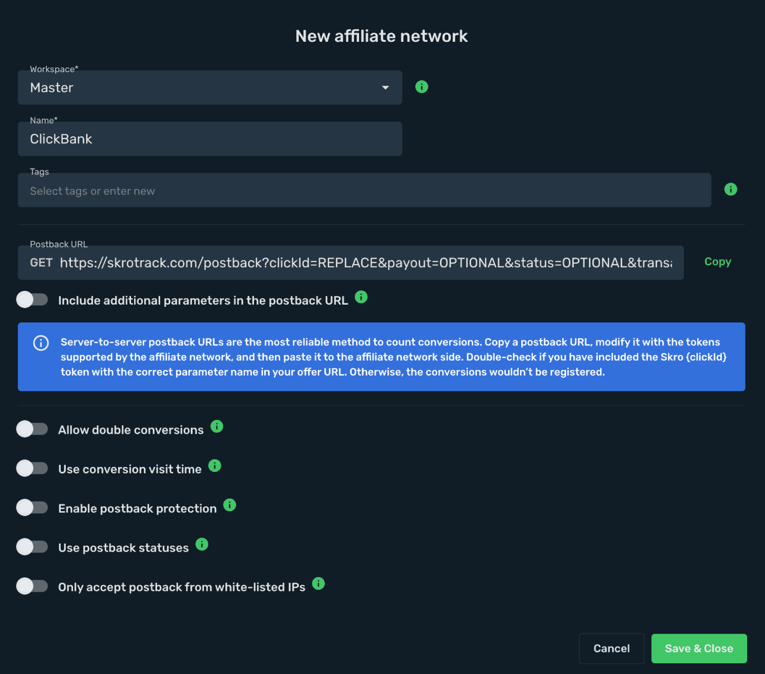 Add ClickBank as affiliate network into Skro