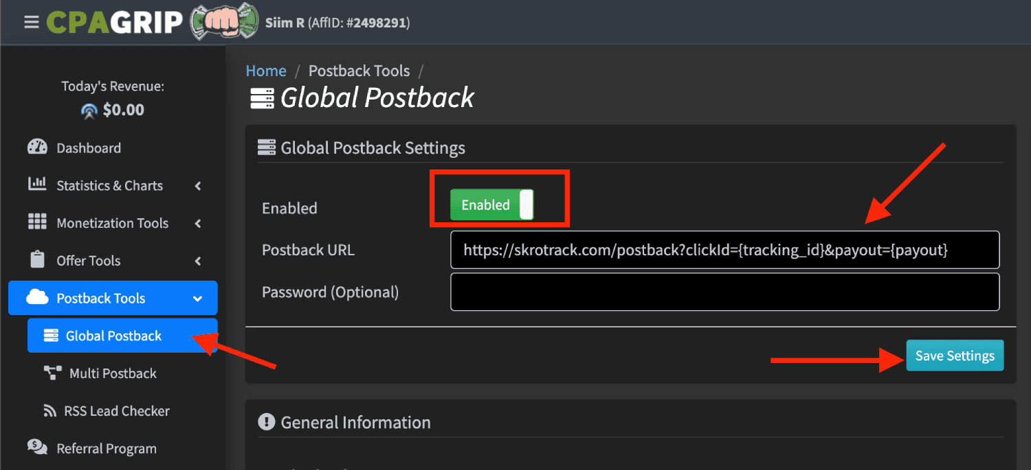 Add CPAGrip postback URL 1