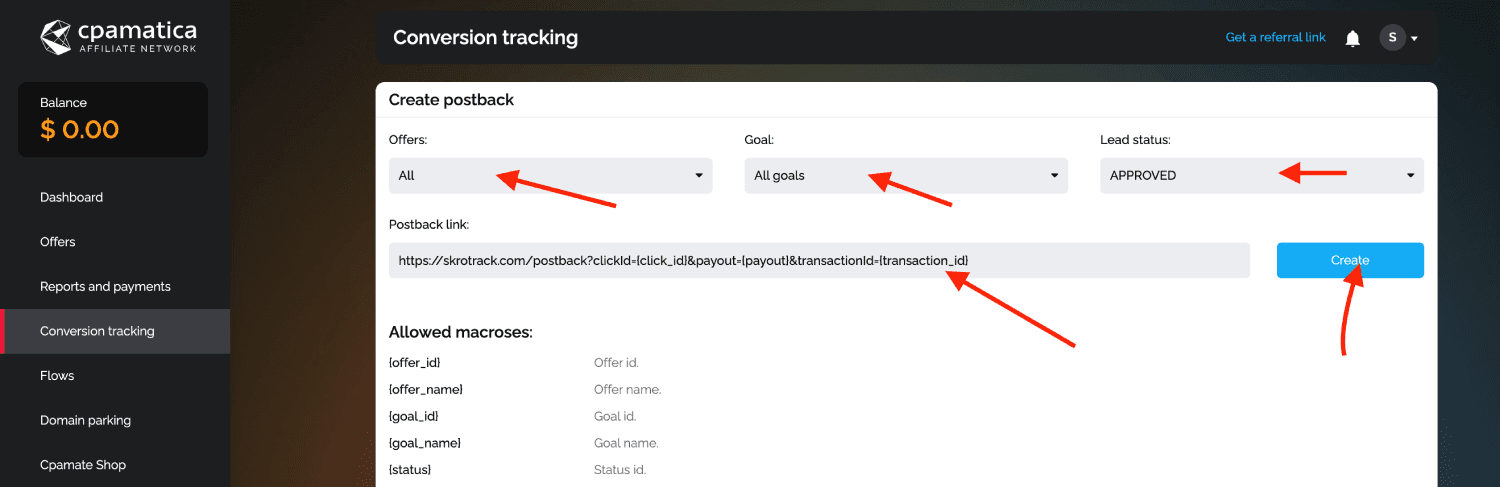 Add Cpamatica postback URL 2