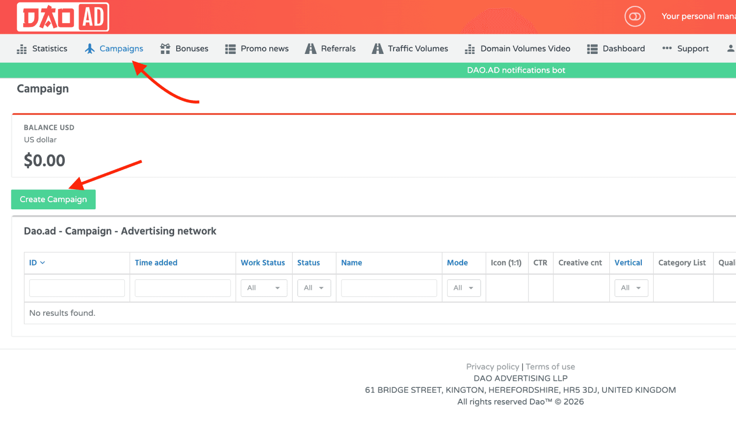 Step 3. Create a campaign on Dao.Ad.