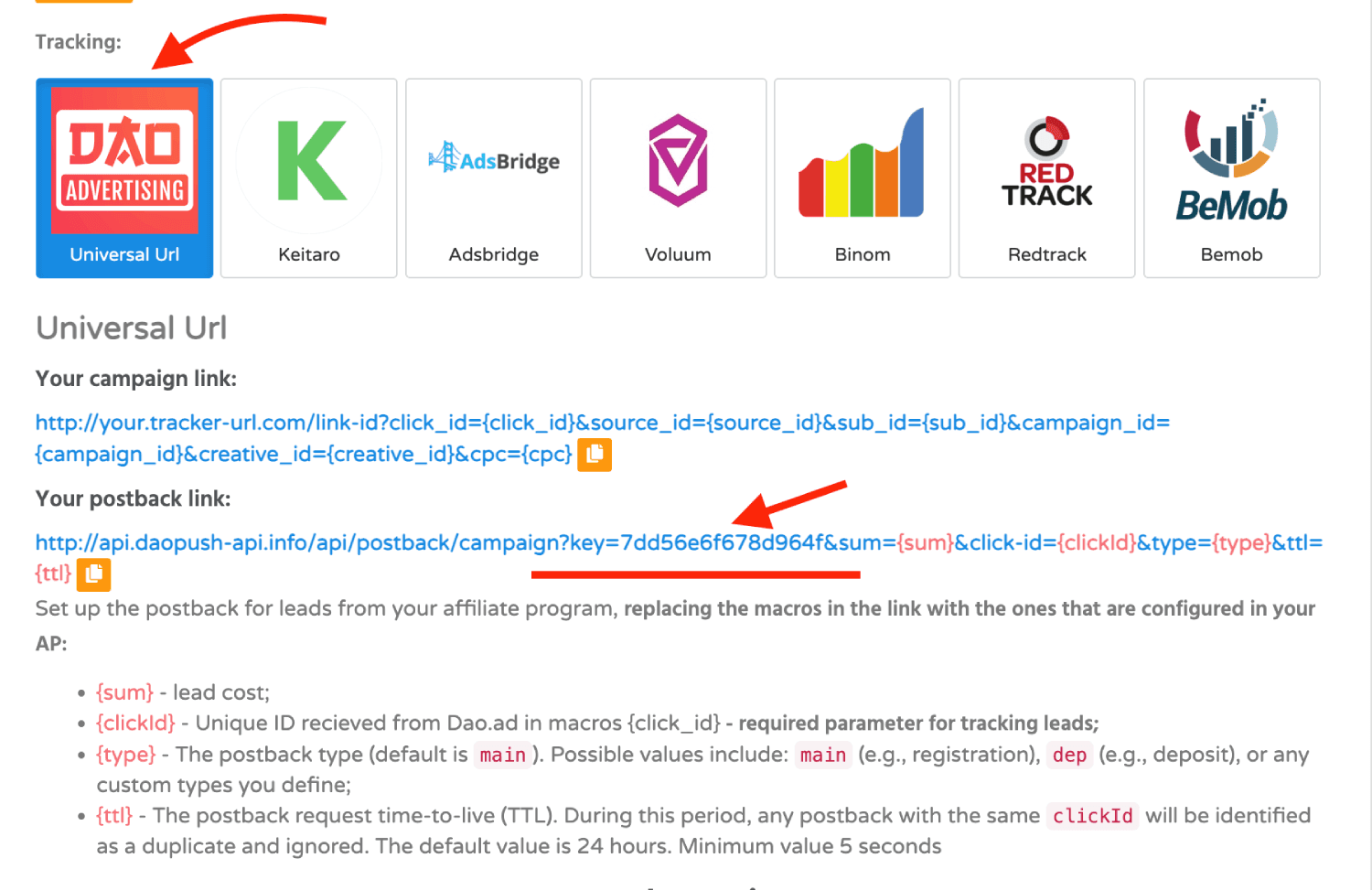 Copy Dao.Ad Postback URL