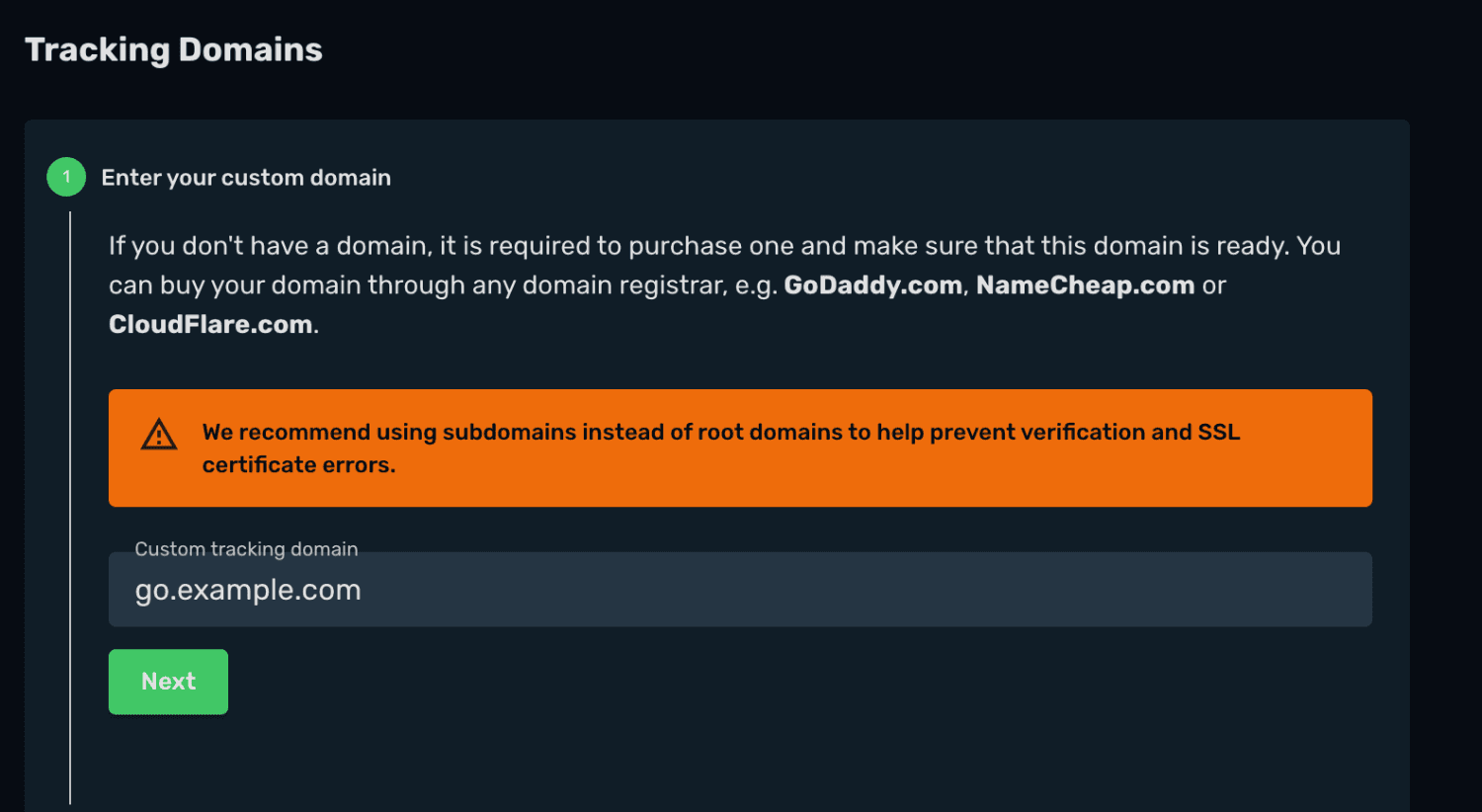 Add a custom tracking domain in Skro