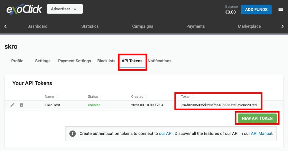 ExoClick API Token 1