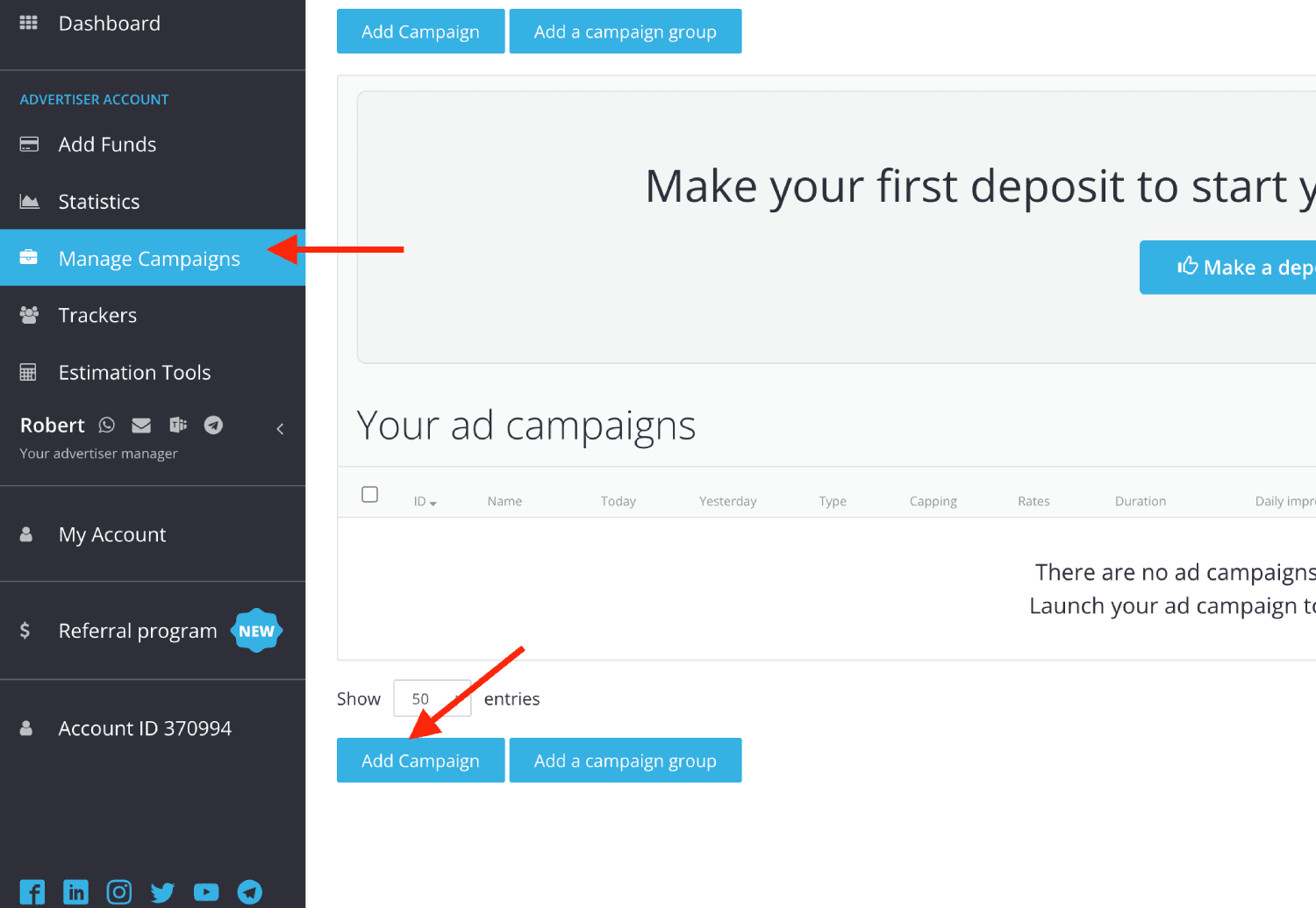 Step 3. Create a campaign in HilltopAds 1