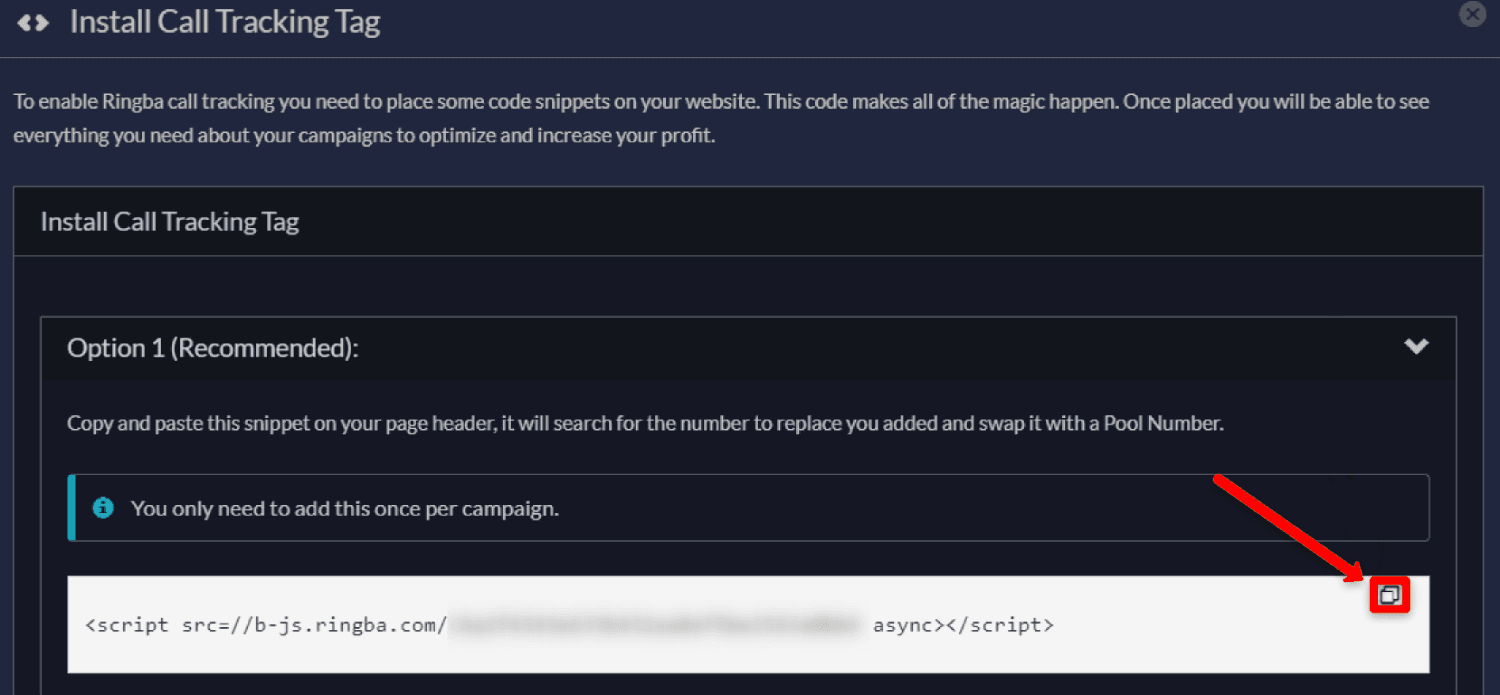 Copy tracking tag from Ringba